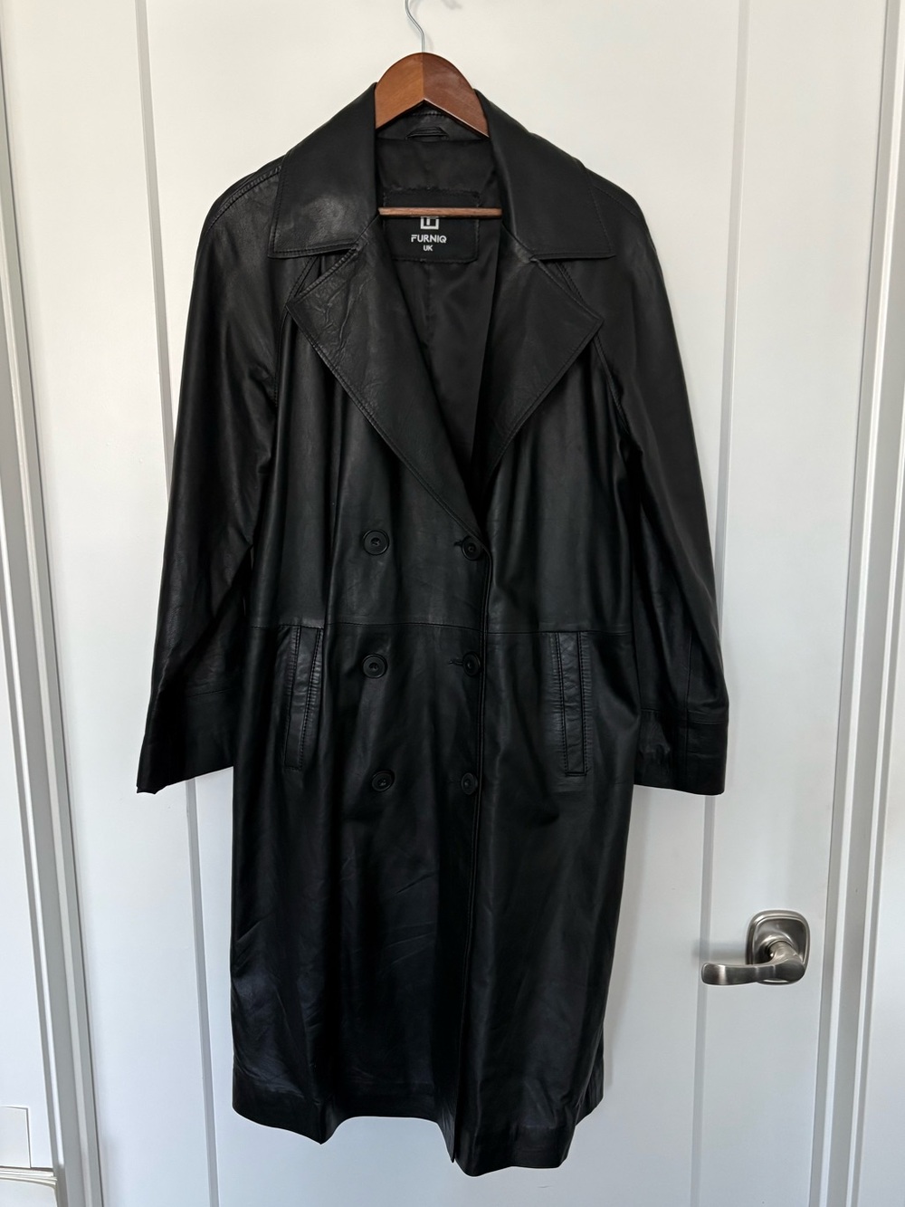 Black Sheepskin Leather Double-Breasted Trench Coat